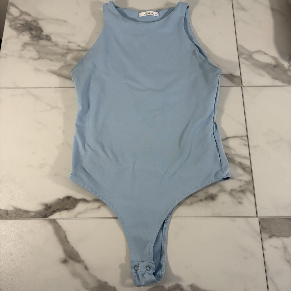 REORIA High Neck Racerback  "Hero" Cut Bodysuit Blue Size Medium